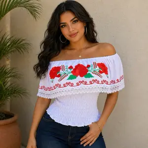 Rosa Blouse - Off the Shoulder Top with Vibrant Floral Embroidery and Elastic Waist Cotton Top