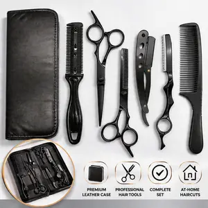 Professional Hair Cutting Kit – 6PCS Black Barber Set with Thinning Shears Razor Comb & Texturizing Tools for Salon Home Use Stainless Steel Blades Smooth Cutting