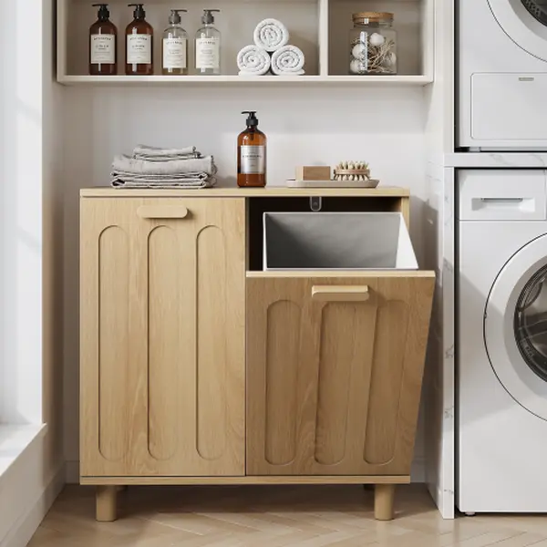 Tilt-out laundry cabinet with removable basket, concealed laundry storage, bathroom laundry storage unit, freestanding home storage rack, oak finish