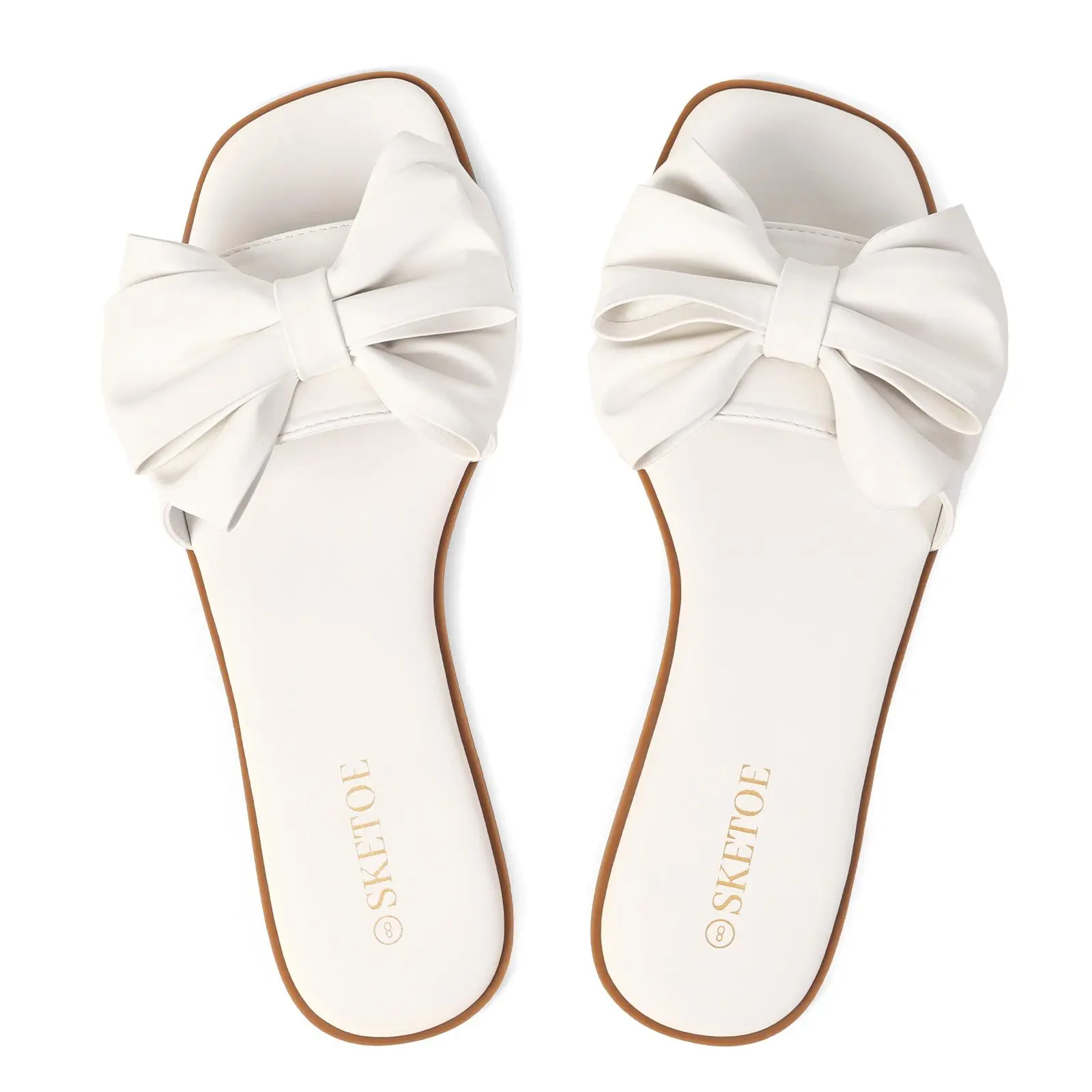 Women's Bowknot Slip-On Flat Sandals - Cute Trendy Square Toe Spring & Summer Slides for Women, Lightweight Soft Sole Comfy Barefoot Shoes for Beach, Vacation, Daily Wear, White Dress Bridal Sandals for Wedding Party & Outdoor 2026