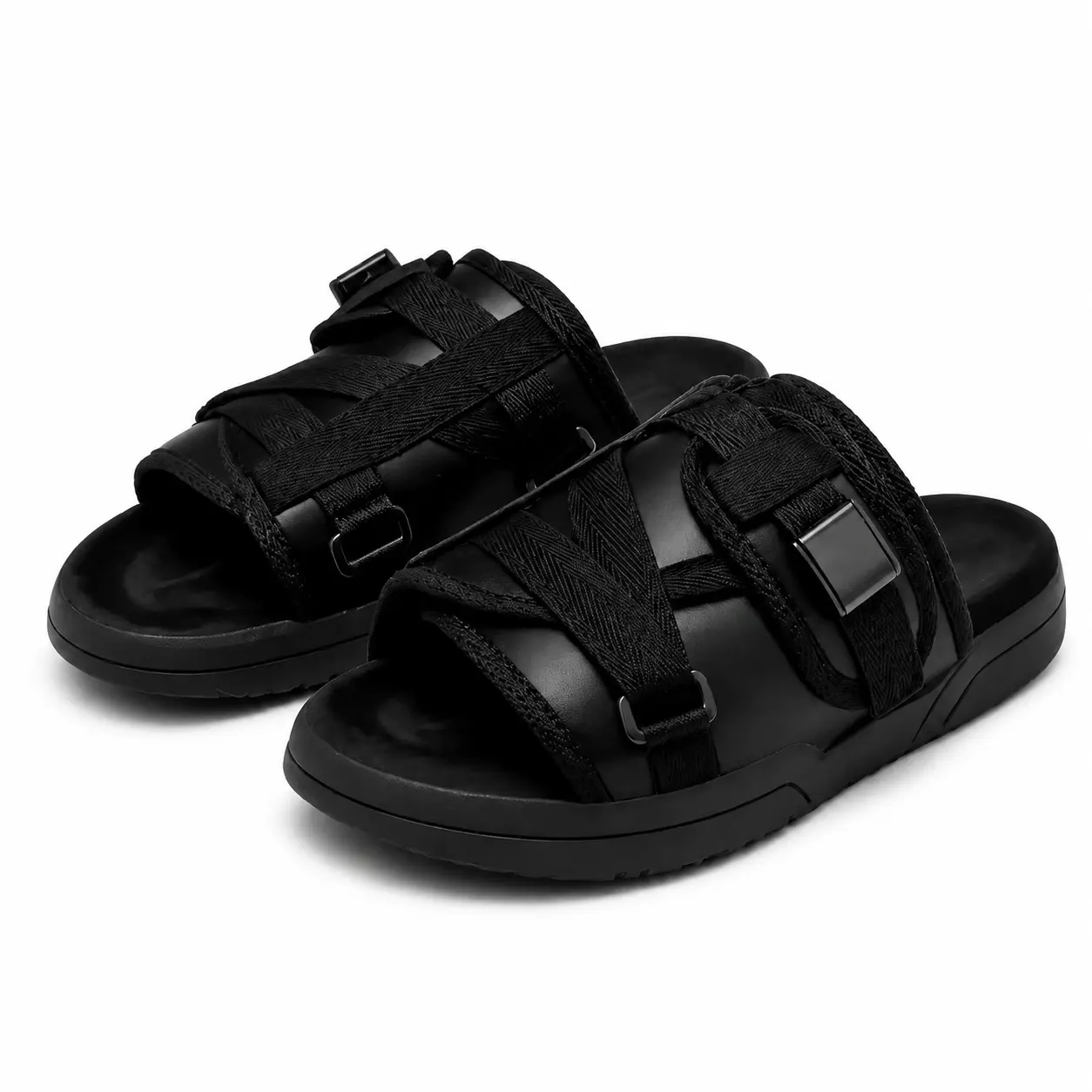 Men’s Adjustable Cross Strap Slide Sandals, Black Open Toe Slip-On Slippers with Cushioned Footbed for Casual Outdoor and Daily Wear