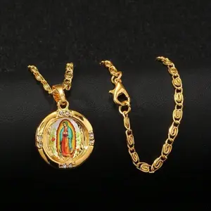 Golden Men's Virgen de Guadalupe Round Pendant Necklace colorful   plastic marlu jewelry
