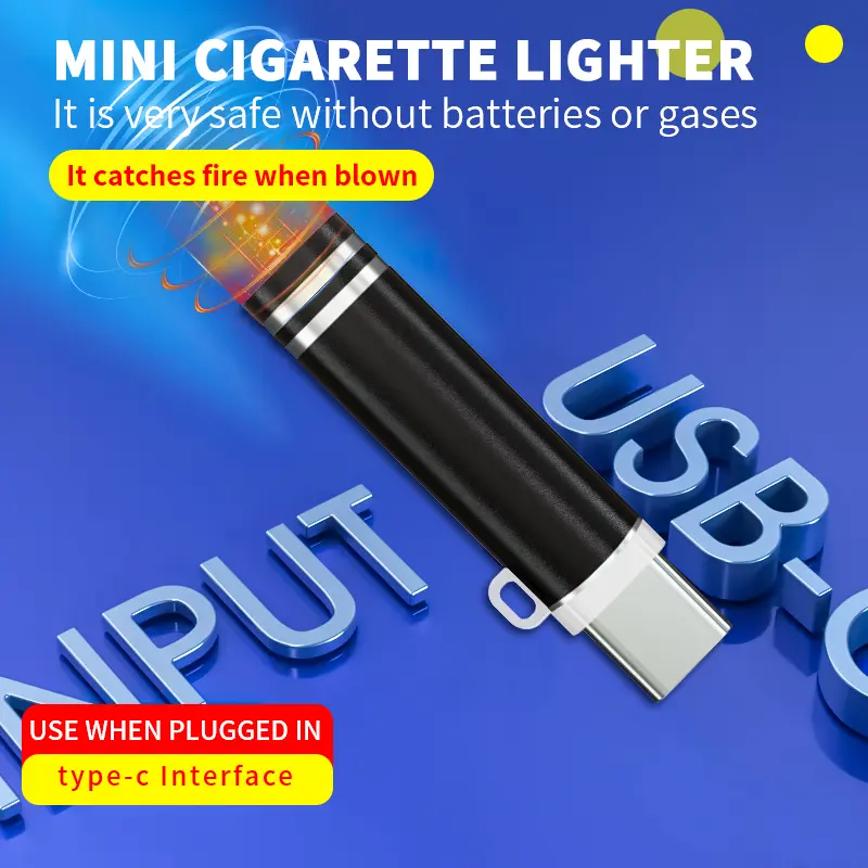 Type-C Rechargeable Mini Electric Candle Lighter - Windproof, Blow Ignition, 10s Auto Shut-Off, Hanging Keychain, Type-C Power Compatible, Portable Pocket Lighter for Travel & Camping