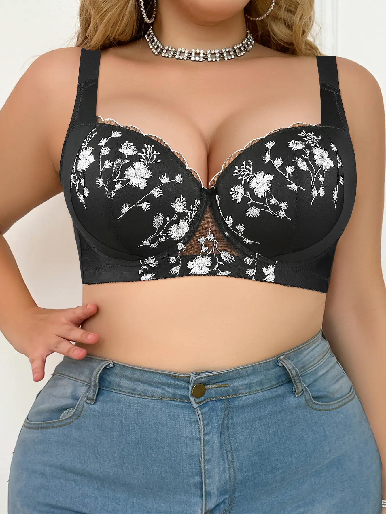 Mimilemon Women's Plus Size Floral Embroidery Underwire Push Up Bra - Feminine Aesthetic, Elastane Fabric, Fit, Elegant, Comfortable for Everyday Wear - Hand Wash, Hook and Loop Closure