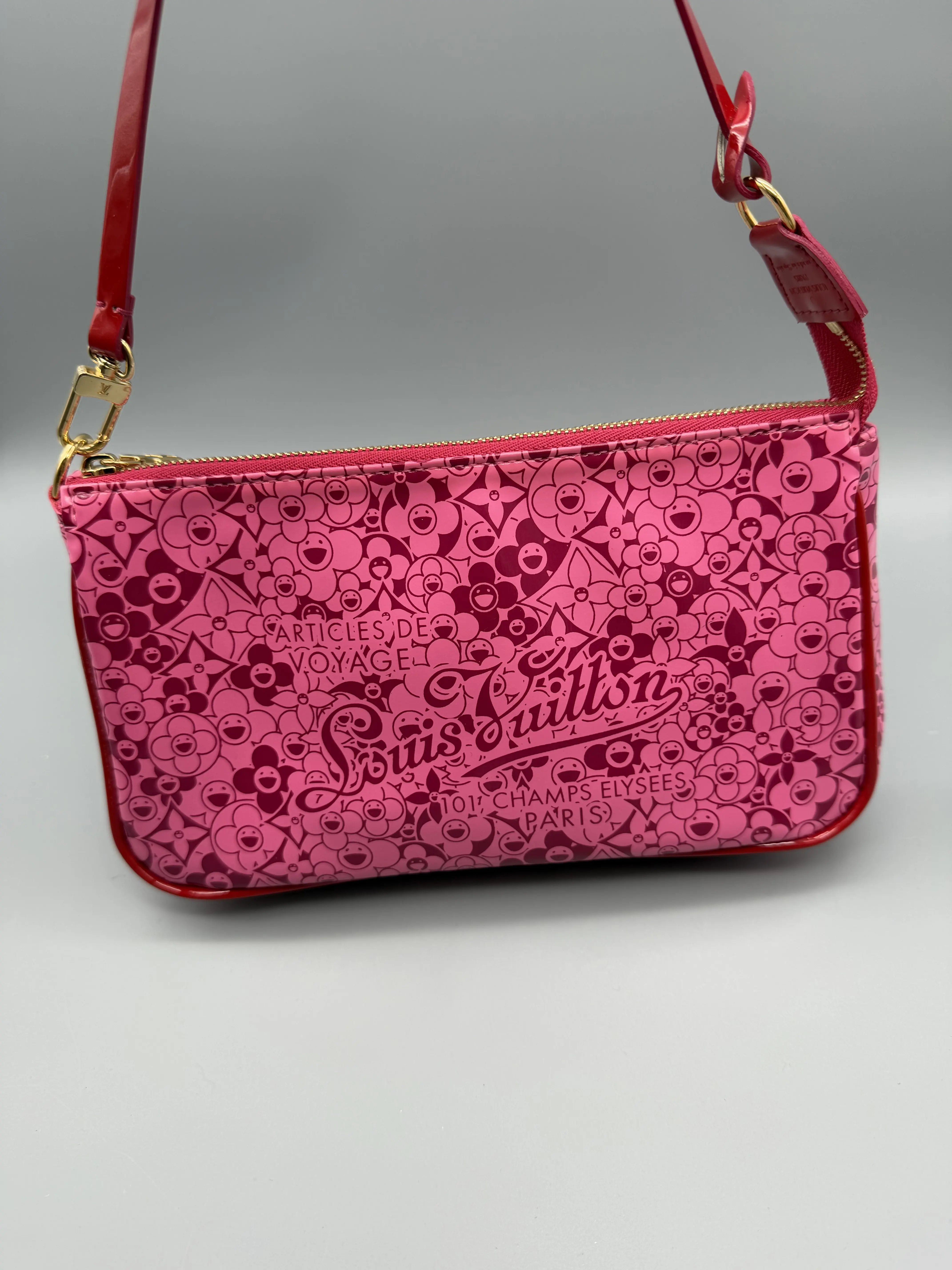 Pre-owned Louis Vuitton Coated Canvas Shoulder Bags Pochette Accessoires Collaboration with Murakami Cosmic Blossom, Pink Floral Design, Excellent Shoulder Handbag, Bag Accessories, Very Good