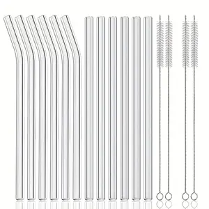 Heat Resistant Reusable Glass Straws Set, 1 Set Including 12pcs Straws with 4 Counts Brush, High Temperature Washable Drinking Straws for Smoothies, Cocktails, Drinks, Glass Straw Drinkware