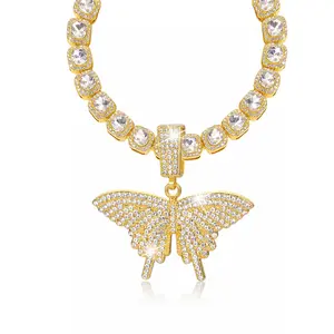 Row Clustered Diamond Tennis Necklace with Butterfly Pedant Gold Silver Plated Hip Hop Rappe Cubic Zircon Baguette Chain Luxury Square Tennis Chain with Butterfly Pendant Ideal Jewelry for Men Women Daily Wear