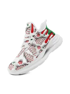 Unisex Christmas Candy Cane Sneakers with Comfortable Sole, White Green Festive Sport Shoes, Plus Size Holiday Casual Style, Wide Fit Sneaker for Men and Women