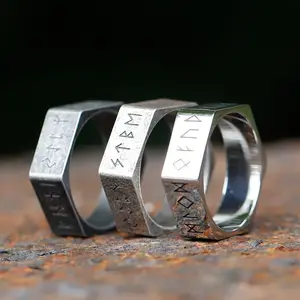 316L Stainless Steel Hexagon Viking Nordic Runes Ring, New Creative Style Cool Jewelry for Men, Fashion Biker Accessory