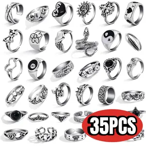 Y2K Ring Set 35PCS, Grunge Gothic Emo Punk Cluster Rings for Women and Men, Adjustable Open Rings Snake Dice Heart Sun Butterfly Chain Moon Chunky Rings