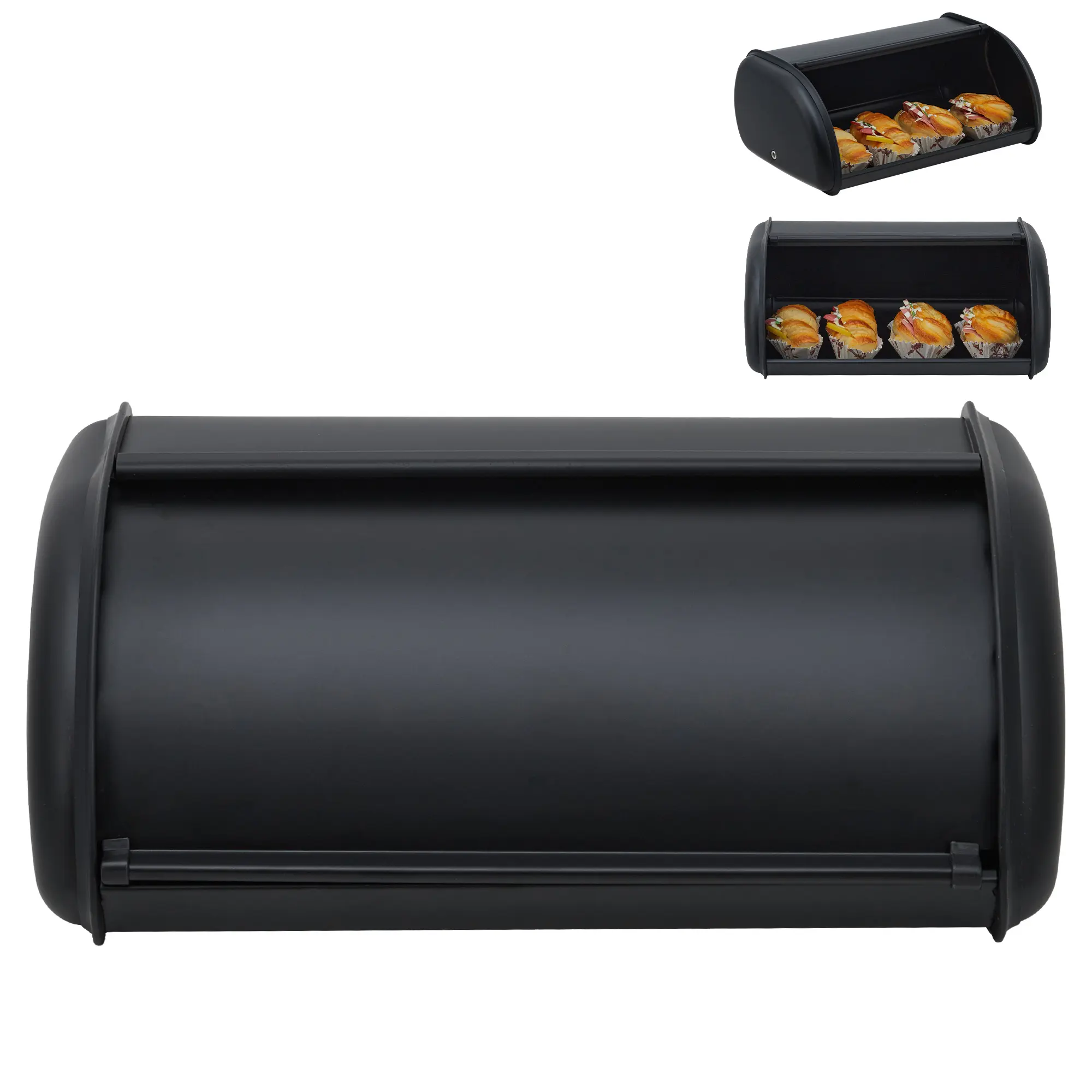 Stainless Steel Bread Box for Kitchen Countertop, Roll Top Bread Bin Food Storage Container, Matte Black Pantry Organization and Storage Holder for Counter