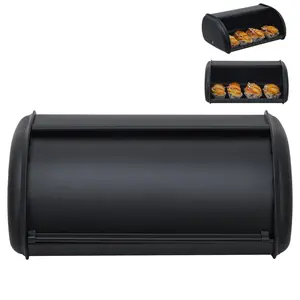 Stainless Steel Bread Box for Kitchen Countertop, Roll Top Bread Bin Food Storage Container, Matte Black Pantry Organization and Storage Holder for Counter