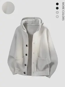 Men's Hooded Knit Button Front Cardigan, Deep Versatile Color, Ribbed Details, Dual Pockets, Casual Commute Wear, Fall & Winter
