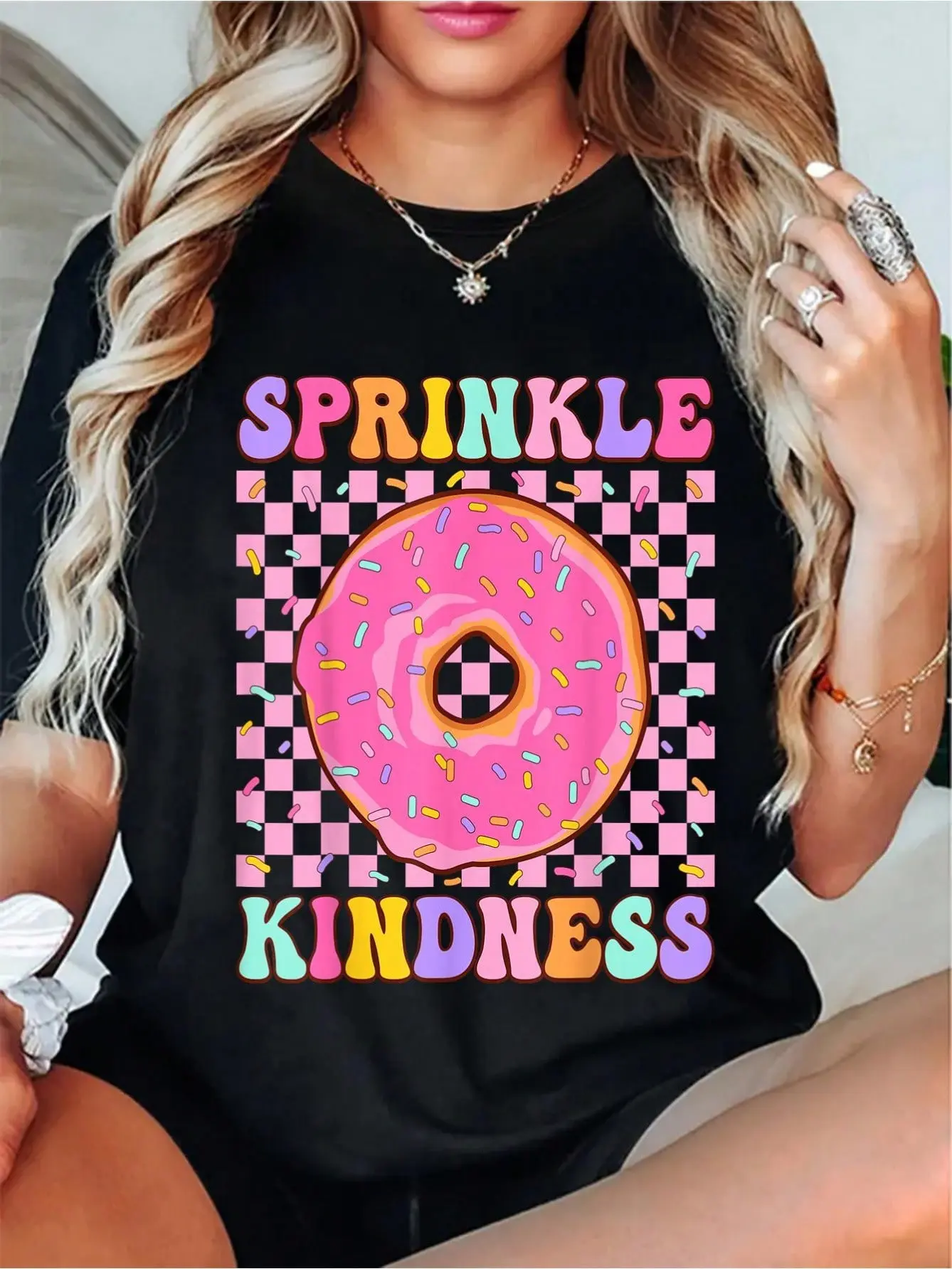 100% Cotton Unisex Funny Donut Sprinkle Kindness Graphic T-Shirt For Women And Men - Round Neck Short Sleeve Tee, Vintage Style, Girls, Doughnut Lover, Leisure Style, Conventional Version, ALL/Global/All Top Womenswear