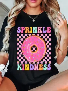 100% Cotton Unisex Funny Donut Sprinkle Kindness Graphic T-Shirt For Women And Men - Round Neck Short Sleeve Tee, Vintage Style, Girls, Doughnut Lover, Leisure Style, Conventional Version, ALL/Global/All Top Womenswear