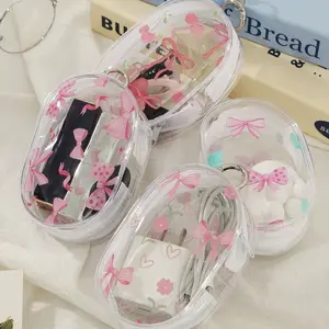 Cherry & Bow Pattern Clear Storage Bag, Mini Simple Transparent Multifunctional Organizer with Zip & Keychain, Reusable Data Cable Organizer, Zipper Bag