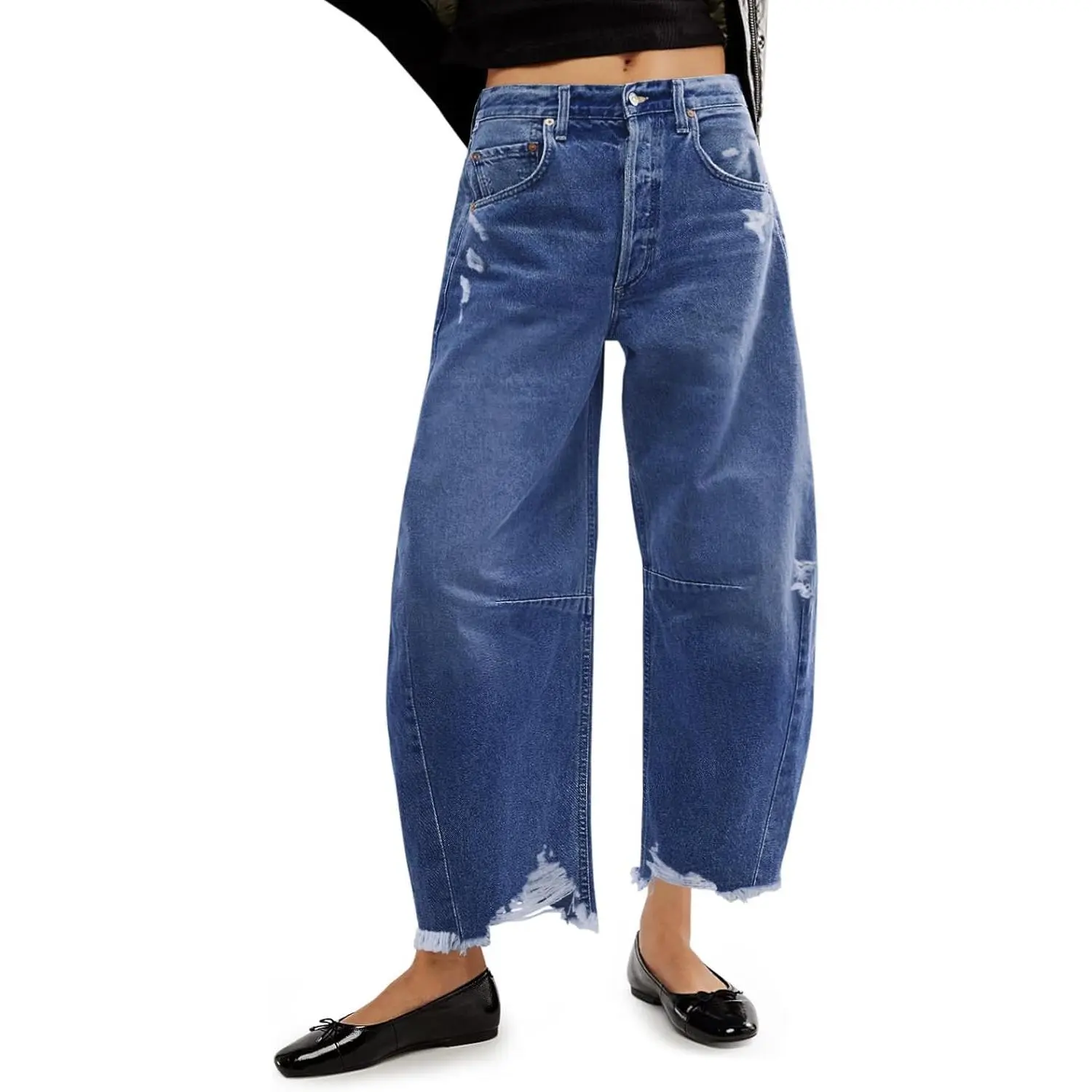 PiePieBuy Women's Barrel Horseshoe Jeans, 90s Look Denim with a Mid-Rise Loose Fit and Cropped Raw Hem, Fashion Apparel, Barrel Jeans, Modal, Casual Chic, H Type, Normal Type, Bottoms, Wide Leg, Mid Rise Jeans, Vintage Wash Jeans
