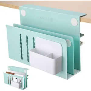 Desk Side Storage, 2 Tier Steel Hanging Organizer, No Drill Side Desk Organizer, Laptop Holder, with Pen Holder, Hanging Table Storage for Office Home, Fits Flat Edge Tables 0.3" to 2.8"