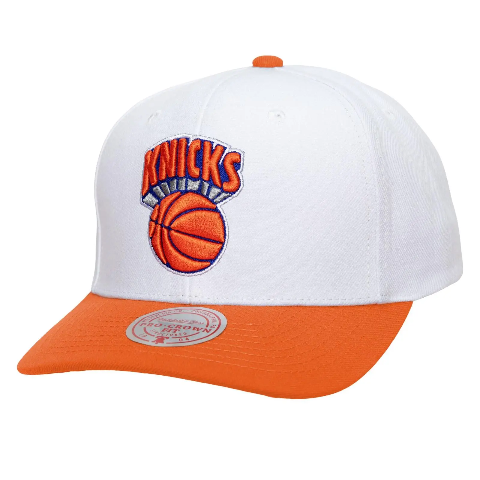 New York Knicks White/Orange Hardwood Classics Team Two-Tone 2.0 Pro Crown Snapback NBA Throwback Cap Adjustable Fan Gear Mitchell & Ness