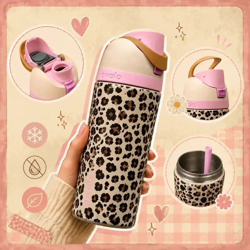 Owala FreeSip 16oz Insulated Stainless Steel Water Bottle with Straw, Cute Pink & Tan Leopard Print Aesthetic Tumbler Cup