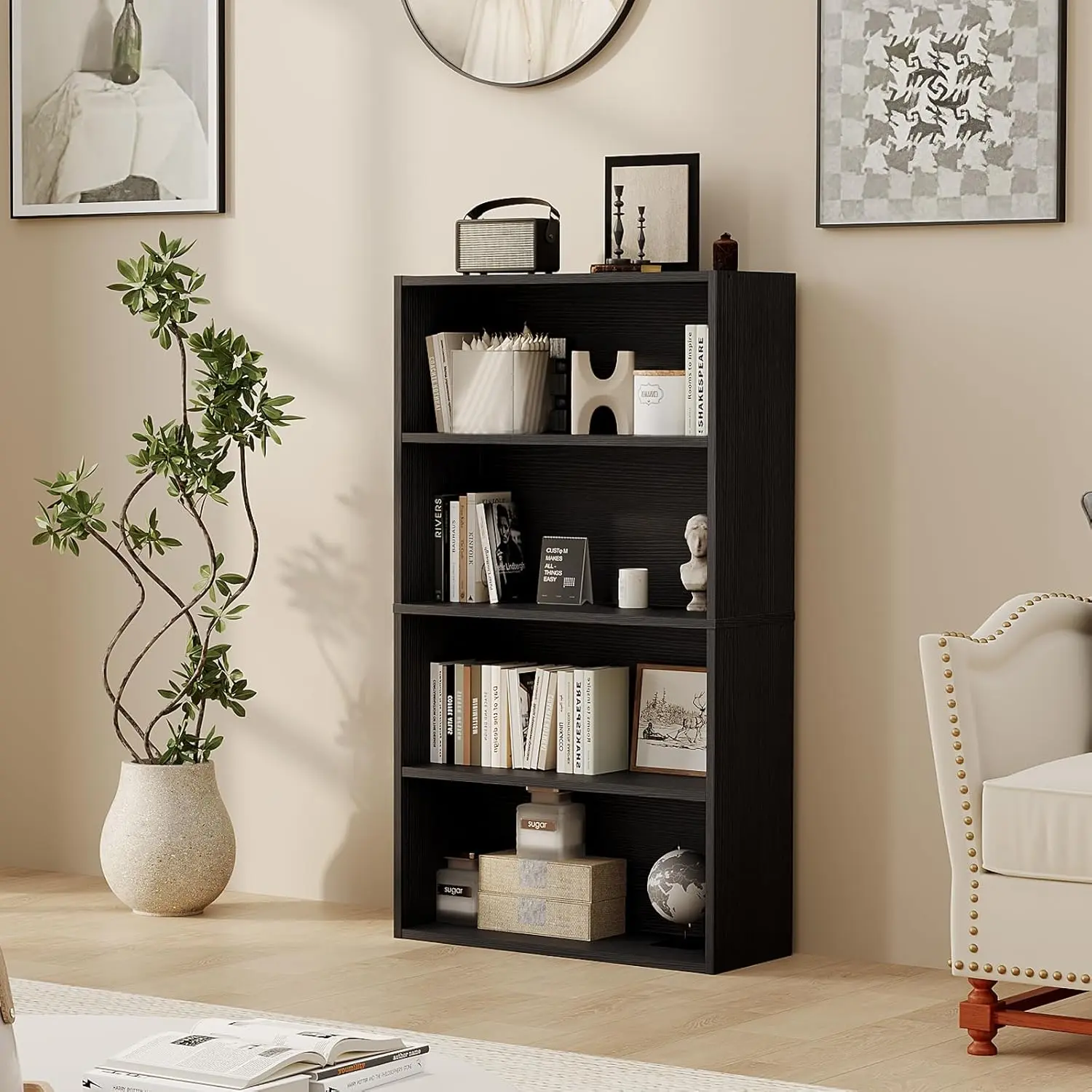 Industrial 4-Tier Floor Standing Bookcase, 31.5in Tall Large Open Storage Display Shelf, Organizer for Home Office, Living Room