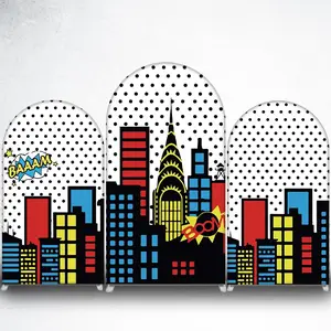 Pop Art City Skyline Arch Backdrop Cover for Comic Theme Party