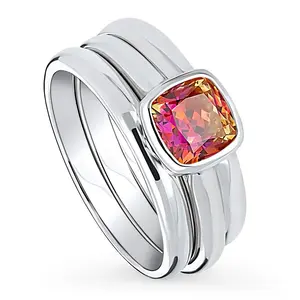 BERRICLE Sterling Silver Solitaire Kaleidoscope Engagement Rings Statement Stackable Band for Women, 1.25 Carat Red Orange Bezel Set Cushion Cut Cubic Zirconia CZ Ring Set