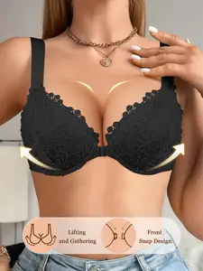 Women's Front Closure Lace Push-Up Bra,Lift Anti‑sagging Cover Side Breasts Adjustable Bra Underwire spport Wide Straps, Comfortable Breathable, Elegant everyday wear Dates