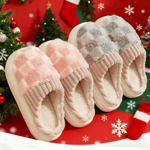 Checkered Fluffy Warm Home Slippers Plush Cotton Soft Sole Closed Toe Winter Cozy Bedroom Slippers for Women Men