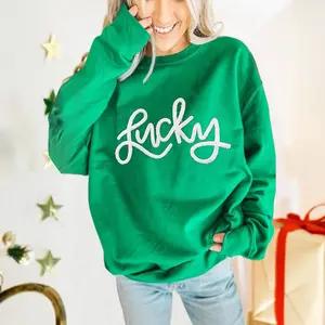 Asvivid Women's Cotton LUCKY St. Patrick's Day Puff Print Pullover Sweatshirt