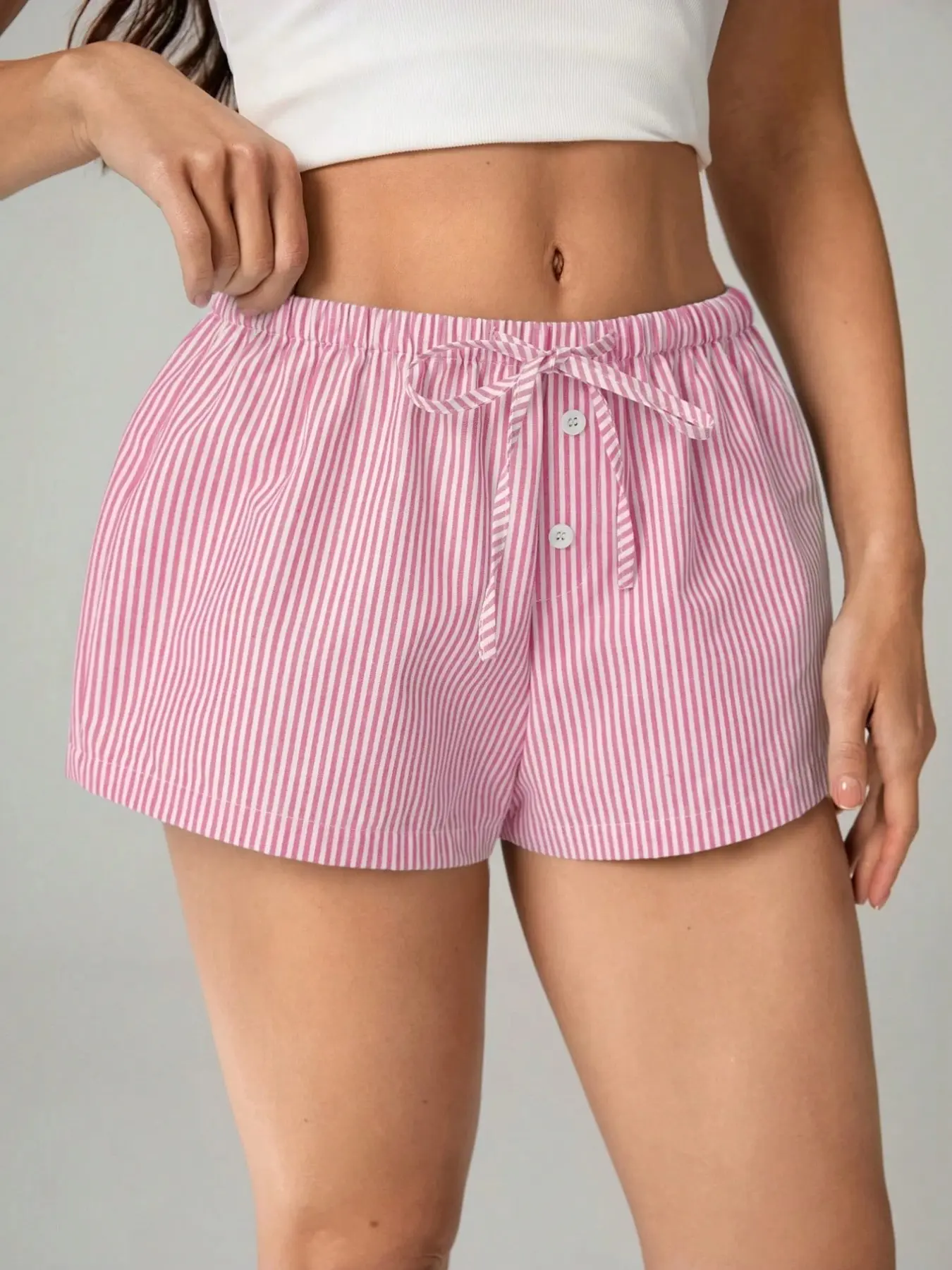 Women's Pink & White Striped Drawstring Button Front Pajama Shorts, Soft Woven Comfy Loungewear Sleepwear for Summer Casual Homewear, Cute Y2K Aesthetic Lounge Shorts for Girls, Relaxed Fit Lounge Bottoms for Daily Wear, Vacation & Sleep