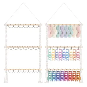 Macrame Hair Claw Clip Organizer with 30 Metal Rings, Hair Clip Holder and Storage for Women Girls,Claw Clips Hanger  Decor for Wall,Door,Closet