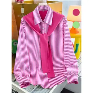 Women's Striped Print Tie Front Shirt Blouse, Casual Long Sleeve Collared Top for Spring & Fall, Women's Clothing for Daily Wear