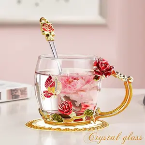 Creative Elegant Glass Coffee Enamel Cup Set, 11.3oz Capacity, Includes Handle and Spoon, Perfect Gift for Mom, Women, Mother's Day, Birthday