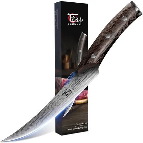 SYOKAMI 6.5 in High Carbon Razor Sharp Curved Boning Knife - Rivet-Solid Wood Handle, 4-Fold Security, 20° Flex Control, Gear Teeth, 0.43 in Table Lift, for Meat Cutting Fish Filleting, Exquisite Box, Ideal Christmas Thanksgiving Gifts