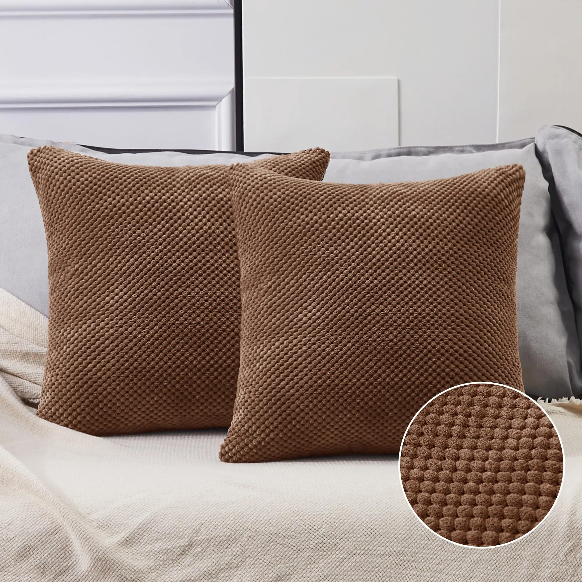 Deconovo Soft Plush Sofa Cushion Cover - Small Grain Texture, Invisible Zipper, Brown Decorative Pillow Case, Removable Couch Cushion Cover for Home Comfort, Removable Cushion Covers, Couch Cushion Covers