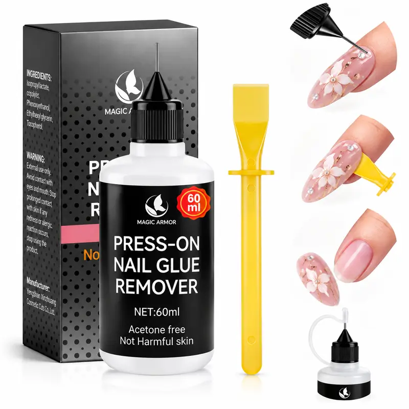 MAGIC ARMOR 60ml Low Odor Nail Glue Remover Bottle, Acetone-Free Gentle Formula for Press-On Nails, Strong Adhesives & Residue, Quick-Dissolve with Included Flexible Scraper Tool, Manicure, False Nails