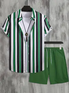 Two-Piece Shirt Set with Drawstring Waist, Short Sleeve Boho Style, All over Print, Summer Comfortable for Men, Menswear