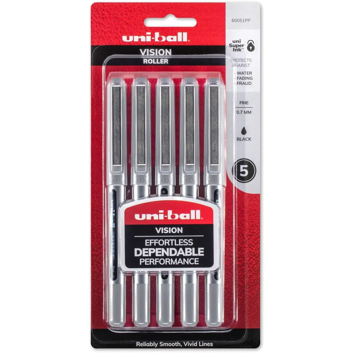 Uni-Ball Vision Uncapped Rollerball Pen - 0.7 mm Fine Tip Pen, Smooth Write, Visible Ink, 100% Waterproof Super Ink, Free-Flowing, Innovative System, Quiet Responsive, Fade-Proof, Color Intensity, Pack of 5