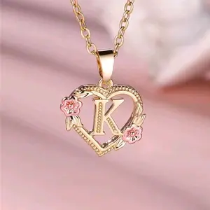 Heart Initial Necklace Gold – Pink Flower Pendant for Women | Elegant Jewelry Gift