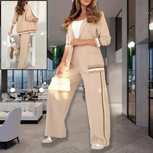 Women's 2-Piece Comfortable Polyester Army Fabric Suit Set - Chic, Elegant, Modern Long Sleeve Lapel Jacket with Pocket, High-Waist Wide-Leg Trousers for Commuting, Office Wear, Chic Women's Suits