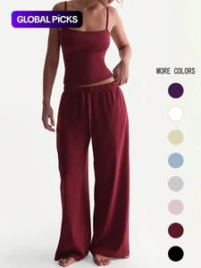two-piece set women's solid color cami top & pants, casual sleeveless top & pants for daily wear, ladies summer clothes, leisure wear top