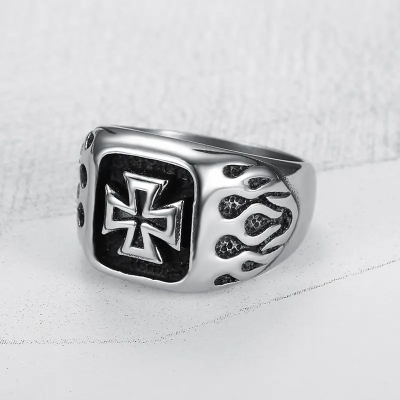 Men's Stainless Steel Flame Cross Ring - Punk Hip Hop Paladin Style Jewelry, Anti-Rust Band, Engraved Cross Charm Crucifix Motif Accessory for Daily Wear, Parties, Stainless Steel Jewelry, Anti-Rust Steel Rings