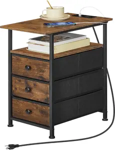 HOOBRO End Table, Narrow Side Table with Charging Station, Nightstand with 3 Non-Woven Fabric Drawers, Bedside Table for Small Spaces, for Living Room, Bedroom, Rustic Brown and Black#SpringSale #BigSpringSale