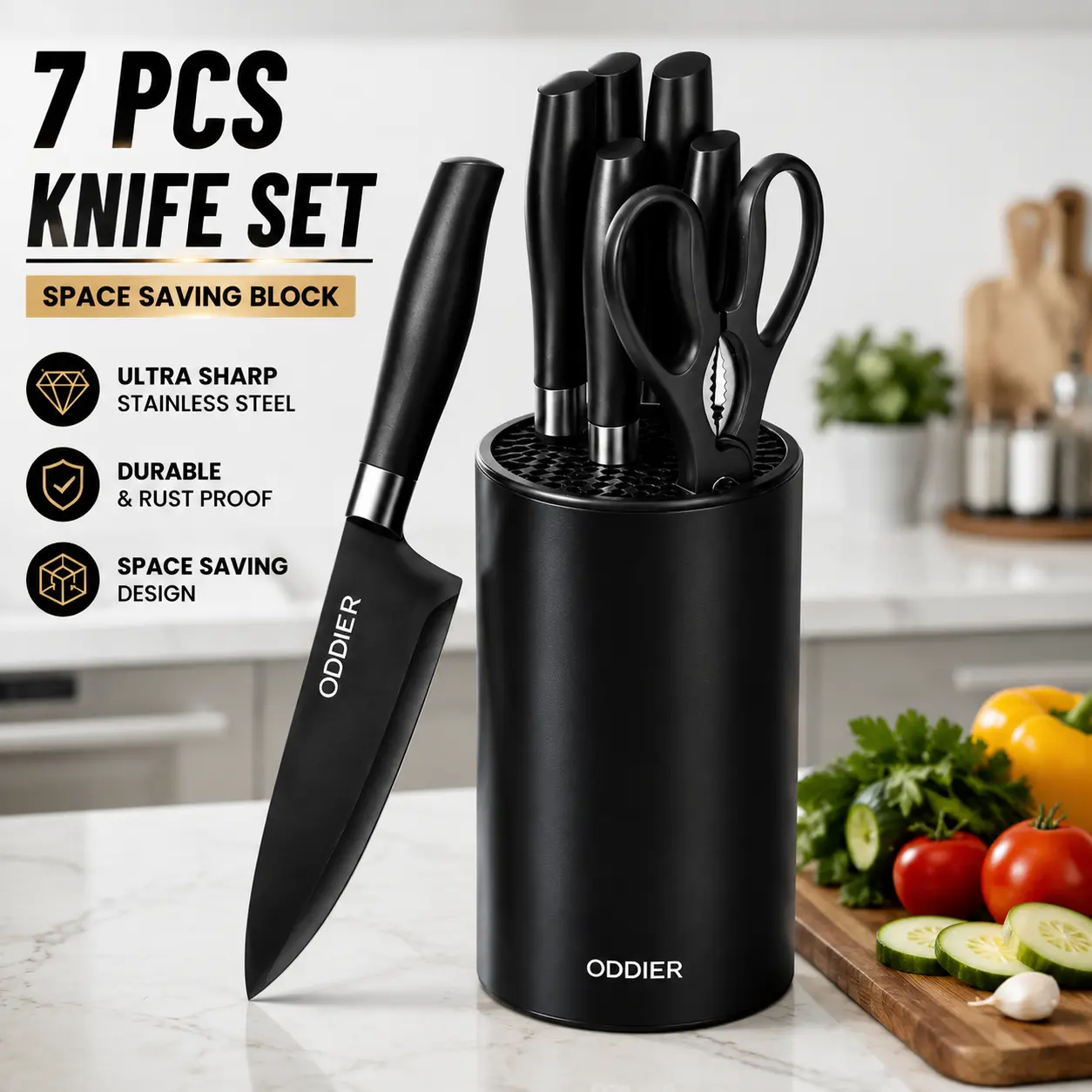 Kitchen Knife Ket with block, Knife Block Set, Anti-Rust High Carbon German Stainless Steel Knife Set, 7 Piece Chef Knife Set, New Home Apartment Essentials, Dishwasher Safe, Black