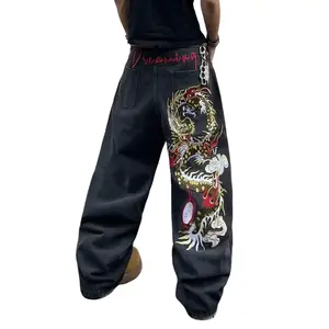 UPTHE Men's Vintage Chinese Dragon Embroidered Baggy Jeans Y2K Streetwear Wide Leg Washed Black Denim Pants Hip Hop Oversized Casual Trousers