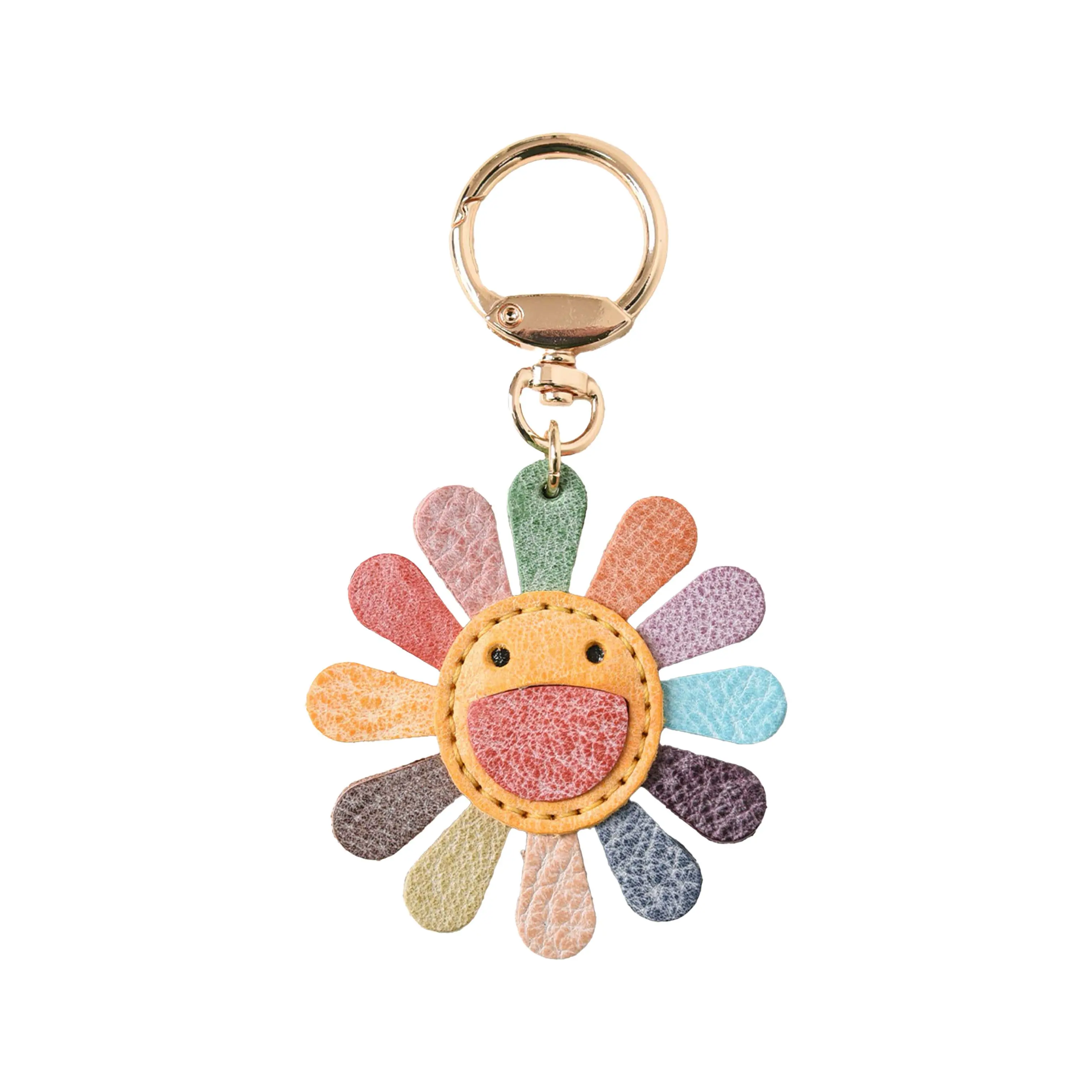 Women's Genuine Waxed Cowhide Leather Rainbow Flower Bag Charm - Colorful, Handcrafted, Multi-Layer Stitch Open Loop Keychain, Holiday Gift Handbag Accessory