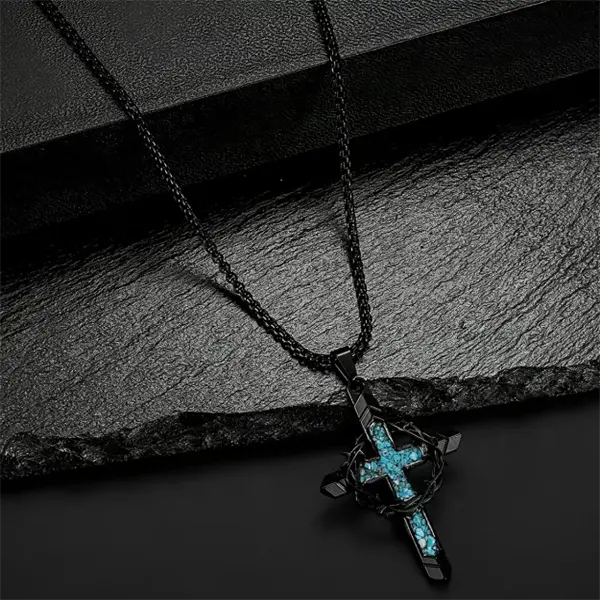 Men's cross necklace, turquoise cross pendant necklace with spiked floral wreath and cross design, men's and women's Christmas and birthday gifts, vintage pendant men's hip-hop punk style