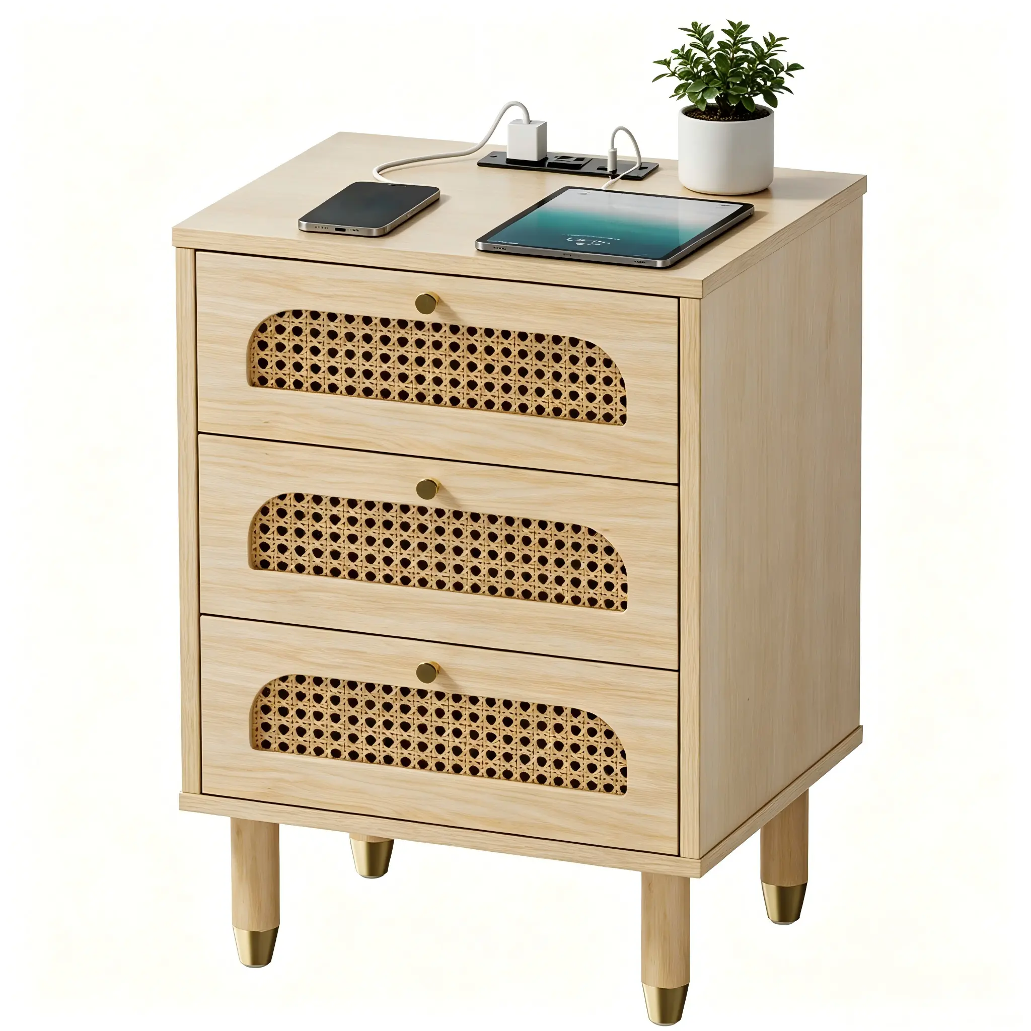 Boho Oak 3-Drawer Rattan Front Bedroom Nightstand - Chest of Drawers with Built-in Charging Station, USB Ports, Power Outlet