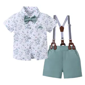 Baby Boys Clothing Set,Toddler Boys Short Sleeve Shirt + Bib Pants Set + Gentleman's Wedding Suit with Bow Tie 1-5 Years Summer
